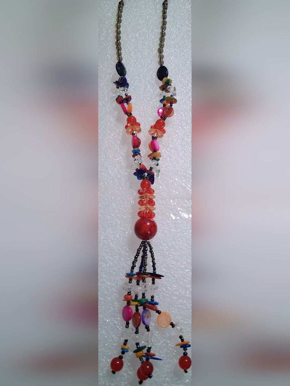 Handmade Multicolor Beaded Necklace with Red Focal Bead